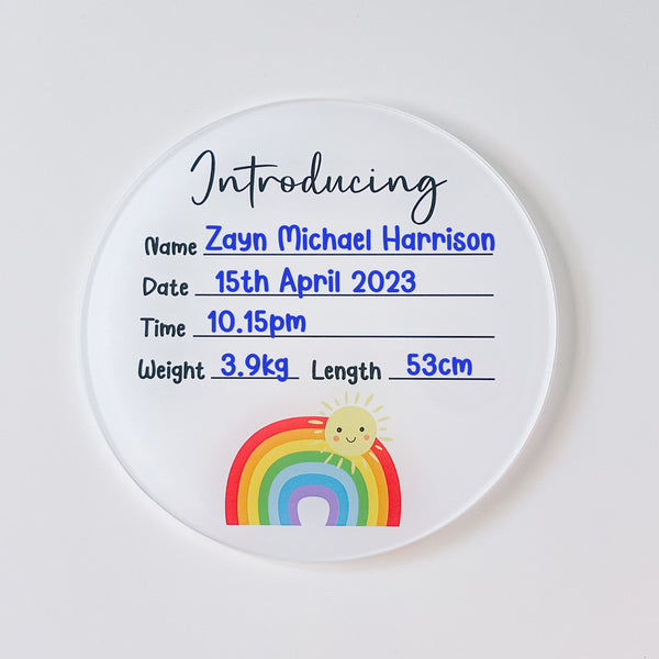 Newborn baby announcement plaque - Bright rainbow with sun design