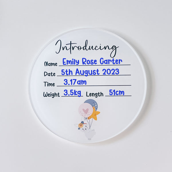 Newborn baby announcement plaque - Bunny with balloons design