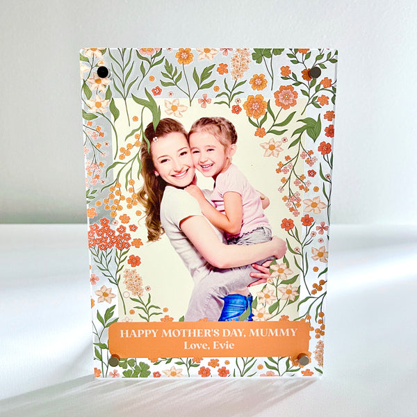 Photo print on acrylic with personalised text (Groovy flowers)