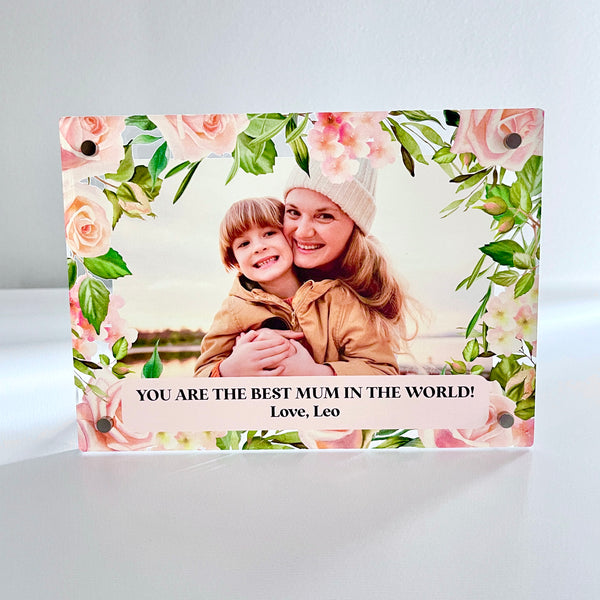 Photo print on acrylic with personalised text (Pink roses)