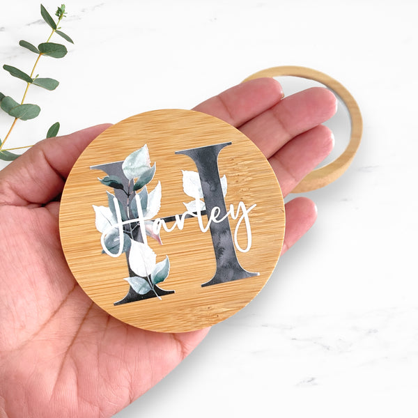 Personalised pocket mirror - Alphabet with leaves design