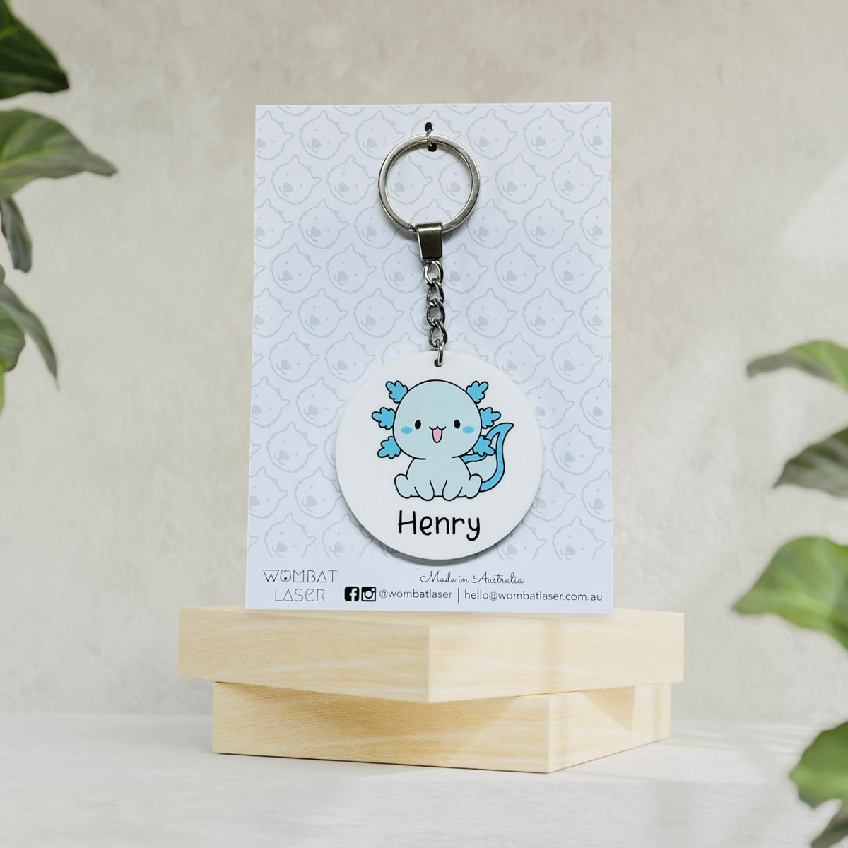 Personalised axolotl round bag tag / keyring – Wombat Laser