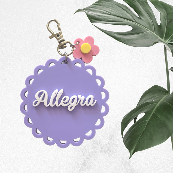 Name bag tag with flower charm