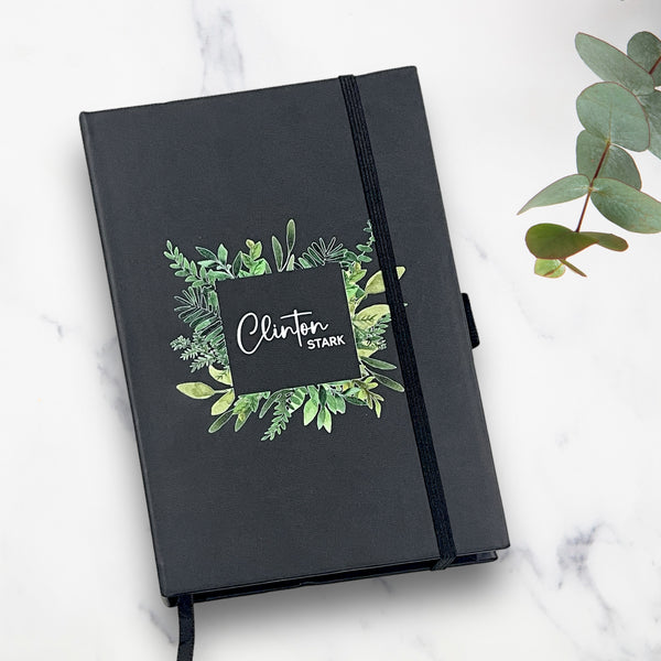 Personalised notebook (Square watercolour green leaves design)