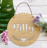 Personalised name plaque/wall hanging - leaves with a heart design