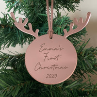 Personalised first Christmas reindeer mirror ornament