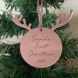 Personalised first Christmas reindeer mirror ornament