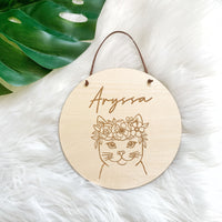 Timber name plaque - Kitty cat with flower crown