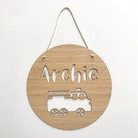 Personalised fire truck round plaque/wall hanging
