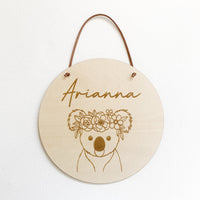 Timber name plaque - Koala with flower crown