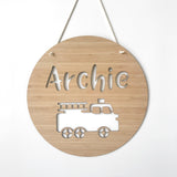 Personalised fire truck round plaque/wall hanging