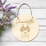 Timber name plaque - Llama with flower crown