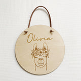 Timber name plaque - Llama with flower crown