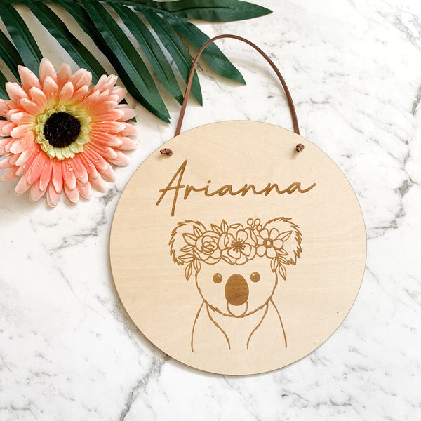 Timber name plaque - Koala with flower crown