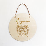 Timber name plaque - Kitty cat with flower crown